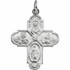 The four-way cross is a Catholic medal that bears four devotions in one.  At the top is the Sacred Heart of Jesus, on the right is St. Christopher, at the bottom or foot of the cross is the Miraculous Medal, and on the left St. Joseph.