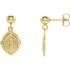 These miraculous dangle earrings are crafted from high-polished 14K yellow gold and features a Virgin Mary medal, bordered with a textured design, that dangles from a gold ball. They measure approximately 3/4" in length and are secured with push-back closures.