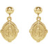 These miraculous dangle earrings are crafted from high-polished 14K yellow gold and features a Virgin Mary medal, bordered with a textured design, that dangles from a gold ball. They measure approximately 3/4" in length and are secured with push-back closures.