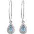 These 9.5x7.25mm oval aquamarine and 1/10 ct. t.w. diamond drop earrings are set in 14K white gold. These earrings suspend from French wires.
