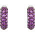 Amethyst reflects the drama and excitement of purple. This colorful hinged hoop design features thirty-eight genuine amethyst stones prong set in 14k white gold. These small huggie style earrings are approximate 2.5mm in width by 10mm (3/8 inch) in length. Total gemstone weight for the pair is 0.62 carat. Color range varies on all natural stones so please allow for slight variations in shades. Gemstone treatment: natural, not enhanced.