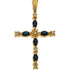 This stunning 14k yellow gold cross pendant features genuine blue sapphires with diamond accents. Diamonds are G-H in color, and SI1 in clarity. Polished to a brilliant shine. Chain sold separately!