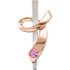 This beautiful, 29.8mm, pink sapphire "Ribbon of Courage" breast cancer awareness pendant measures approximately 1-3/16" in length, and is fashioned with a 14K white gold "stem" that is hugged by a 14K rose gold breast cancer ribbon. A genuine, A quality, pink sapphire adorns the base of the ribbon. This cancer awareness pendant is designed with a hidden bail, and is also available in a smaller, 17mm size.