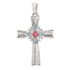 This cross pendant is crafted of genuine sterling silver. Accompanied with pink tourmaline and swiss blue topaz stones that measure 3mm in diameter.