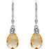 These sterling silver drop earrings each feature a 10x7mm pear cut citrine gemstone adorned by round diamonds. Diamonds are .025ctw, I or better in color, and I2 or better in clarity. Earrings are 25mm in length and has a bright polish to shine.