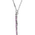 This 14k white gold necklace features 47 round shaped 1.00mm genuine pink sapphire gemstones and has a bright polish to shine. An 16 inch 14k white gold diamond cut cable chain is included.