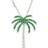 A romantic getaway is captured in this finely designed necklace that features a palm tree artwork. Tsavorite garnets form the green palm fronds with round petite diamonds (.08 carat) comprising the palm trunk. The setting is white gold with a 16-inch necklace.