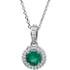 Radiant 14Kt white gold pendant featuring the beauty of a 4.50mm round green emerald accentuated by .25 carats of white shimmering diamonds. The 18 Inch chain which is shown is included.