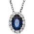 Sparkling round diamonds surround a striking natural sapphire in this classic necklace for her. Additional diamonds decorate the bale. Fashioned in 14K white gold, the pendant, with a total diamond weight of 1/6 carat, suspends from an 18-inch chain that fastens with a spring ring clasp. This necklace is not enhanced.