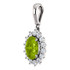 Elegant in every way, this peridot and diamond pendant features a single peridot framed by fourteen round diamonds in 14k white gold with a matching cable chain necklace.