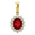 Brilliant in every way, this gemstone and diamond pendant features a vivid ruby surrounded by sparkling diamonds set in 14k yellow gold with a matching cable chain necklace.