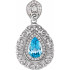 This platinum pendant features an 12x8mm pear shaped blue topaz gemstone 37 round diamonds. Diamonds are G-H in color and I1 or better in clarity.
