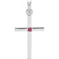 Embrace your faith with this stunning 14k white gold genuine ruby cross pendant. Ruby is a round diamond cut and AA in quality. Cross pendant is 22.65mm in length and 11.40mm in width. Polished to a brilliant shine.