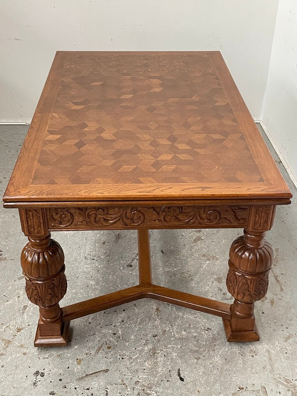 French oak parquetry top renaissance style two leaf extension table 