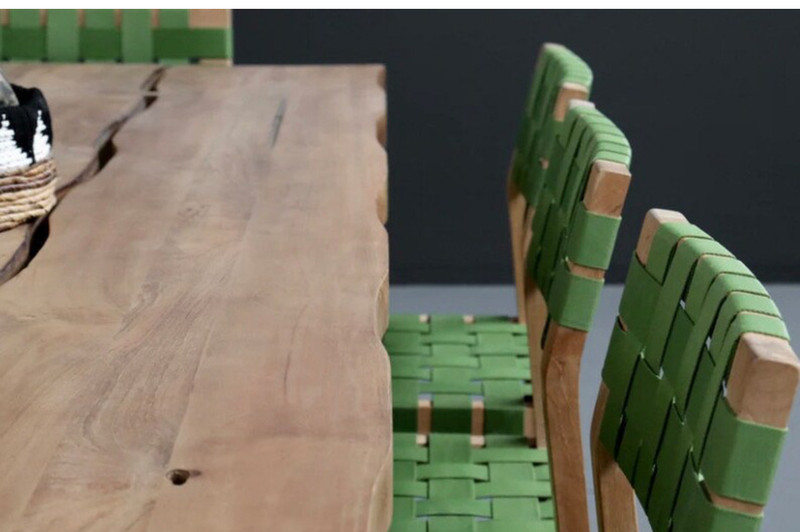 Sustainably sourced solid teak with green cord outdoor chairs