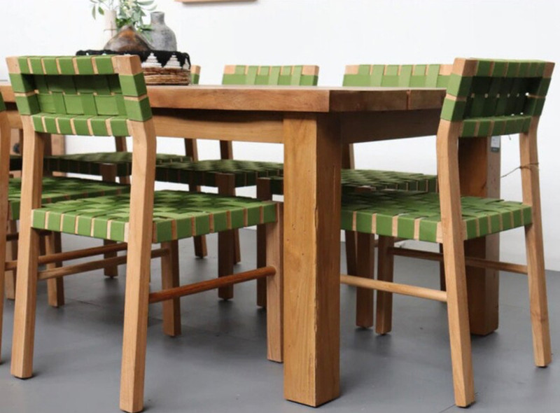 Sustainably sourced solid teak with green cord outdoor chairs