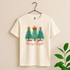 Merry And Bright Christmas Shirt, Three Trees Bow Cute Xmas Graphic T-Shirt S-5XL
