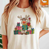 Cute Reindeer Christmas Shirt, Hand Drawn Rudolph With Gifts T-Shirt S-5XL