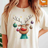 Cute Reindeer Christmas Shirt, Cartoon Rudolph With Ornaments T-Shirt S-5XL