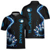 Custom Name Bowling Team Lightning Pins And Ball Black Blue Zipper Polo S-5XL