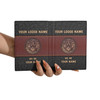 Custom Name Masonic Bronze Symbol Sun Moon Eye Red Black Leather Passport Wallet