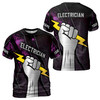 Custom Name Electrician Lightning In Hand Black Purple 3D T-Shirt S-5XL