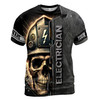 Custom Name Electrician Skull Helmet Metal Pattern Gray 3D T-Shirt S-5XL