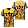 Custom Name Barbados Coat Of Arms Tiles Pattern Yellow Blue 3D T-Shirt S-5XL