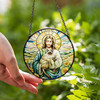 Jesus Holding Cat Stained Glass Suncatcher with Sunflower and Mountain Scene