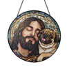 Jesus with Pug Dog Stained Glass Suncatcher Religious Window Hanging