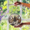 Snowy Village Stained Glass Suncatcher with Christmas Tree Holiday Window Hanging Decor