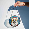 Corgi Dog Stained Glass Suncatcher with Santa Hat Holiday Window Hanging Decor