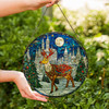 Reindeer Stained Glass Suncatcher with Moonlit Winter Castle Holiday Window Hanging Decor