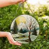 Winter Night Landscape Stained Glass Suncatcher – Moonlit Snowy Forest Window Hanging Decor