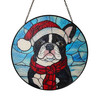 Boston Terrier in Santa Hat Stained Glass Suncatcher – Dog Christmas Window Hanging, Holiday Pet Gift