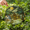Snowy Night Cabin Stained Glass Suncatcher Holiday Window Hanging Winter Decor with Moon and Stars