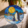 Penguin Stained Glass Suncatcher Holiday Window Hanging Winter Decor with Moon and Village Scene