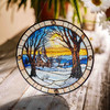 Winter Church Stained Glass Suncatcher Holiday Window Hanging Decor with Snow and Sunset