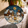 Snowman Village Winter Night Stained Glass Suncatcher Christmas Holiday Window Hanging Home Decor