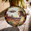Jesus and UFO Stained Glass Suncatcher Religious Alien Spaceship Window Hanging Art Decor