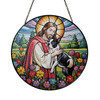 Jesus Holding Boston Terrier Stained Glass Suncatcher – Christian Pet Memorial Window Decor