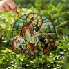 Jesus Holding Boston Terrier Stained Glass Suncatcher – Christian Pet Memorial Window Decor