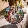 Jesus Holding Boston Terrier Stained Glass Suncatcher – Christian Pet Memorial Window Decor