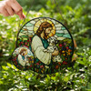 Jesus Holding Dalmatian Stained Glass Suncatcher – Christian Pet Memorial Window Hanging Decor