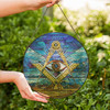 Masonic Symbol Freemasonry Sky Desert Pyramid All Seeing Eye Sand Blue Stained Glass Suncatcher