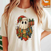 Patchwork Ghost Floral Holiday Lights Santa Hat Cozy T-shirt S-5XL