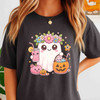 Cute Ghost with Flowers Candy Drink Summer Halloween T-shirt S-5XL