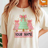 Personalized Coquette Glitter Christmas Tree Kids Name Brushstroke T-shirt S-5XL