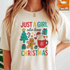 Just A Girl Who Loves Christmas Cute Gingerbread and Cocoa Holiday Crewneck T-shirt S-5XL