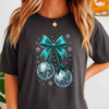 Disco Ball Bow T Shirt, Christmas New Year Party Graphic Tee, Festive Holiday Unisex T-Shirt S-5XL